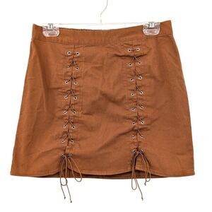 Soft Brown Cotton Blend Lace Up Mini Skirt Boho Festival Size M Earthy Style NWT